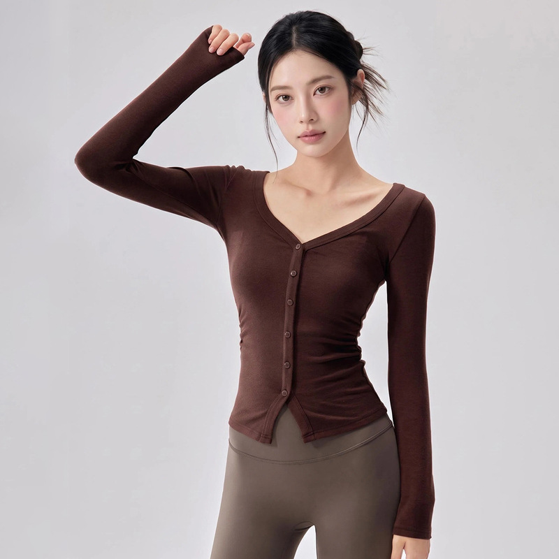Long-sleeved yoga top for women, slim fit, V-neck, fitness base shirt, running training outdoor sports top, t-shirt