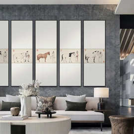 新中式五马图装饰画酒店别墅样板房客厅挂画多联书房茶室水墨国画