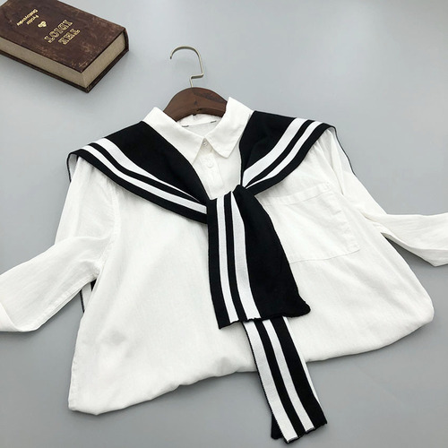 Knit Warm Autumn/Winter Striped Scarf Navy Style Cute Trendy Shirt White Dress