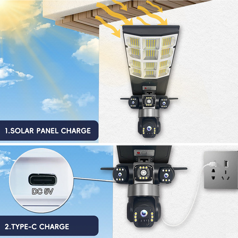 v380 街路灯監視カメラ屋外 LED 高精細ワイヤレスネットワーク WiFi リモート三眼スマートモニター|undefined