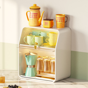 Kitchen Layered Cup Cabinet with Cabinet Door, Double-Layer Dust-Proof Cup Storage Rack, Cup Holder, Bathroom Tabletop Water Cup Cabinet