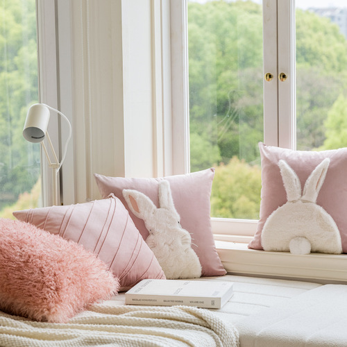 Pink rabbit embroidered pillow case, Dutch velvet thickened cushion, light luxury model room pillow, Nordic style living room pillow