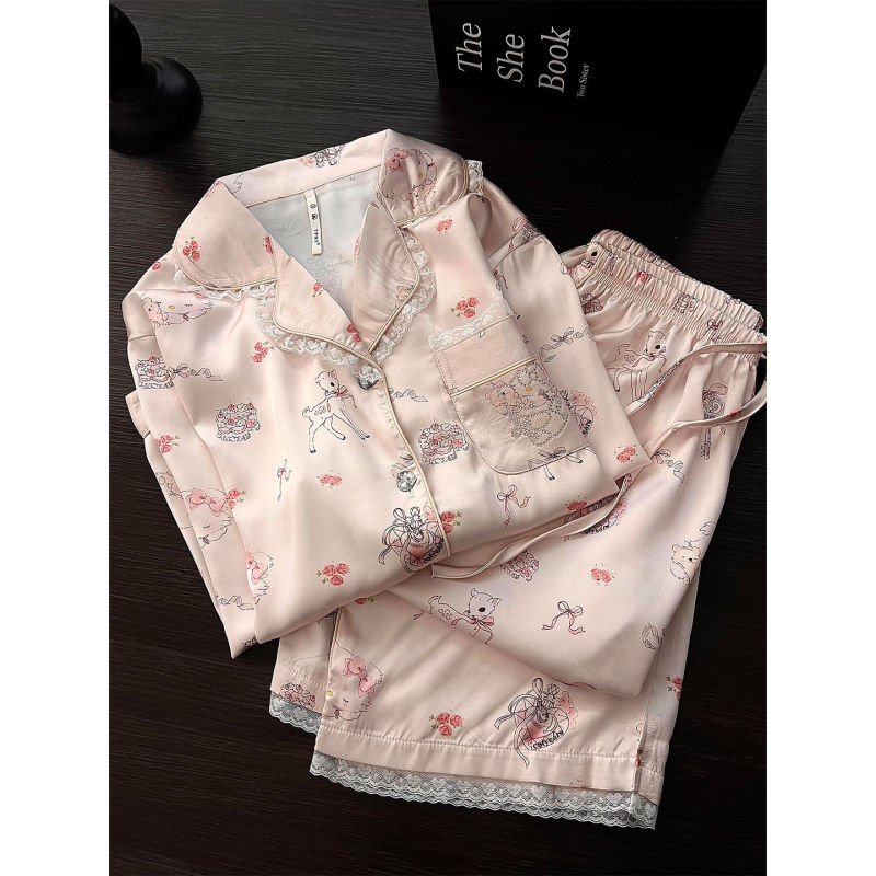 粉色少女可爱卡通印花睡衣女夏季新款大码冰丝长袖长裤家居服套装|undefined