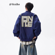 藏青色刺绣夹克外套男潮牌美式复古情侣飞行服棒球服秋季时尚外穿