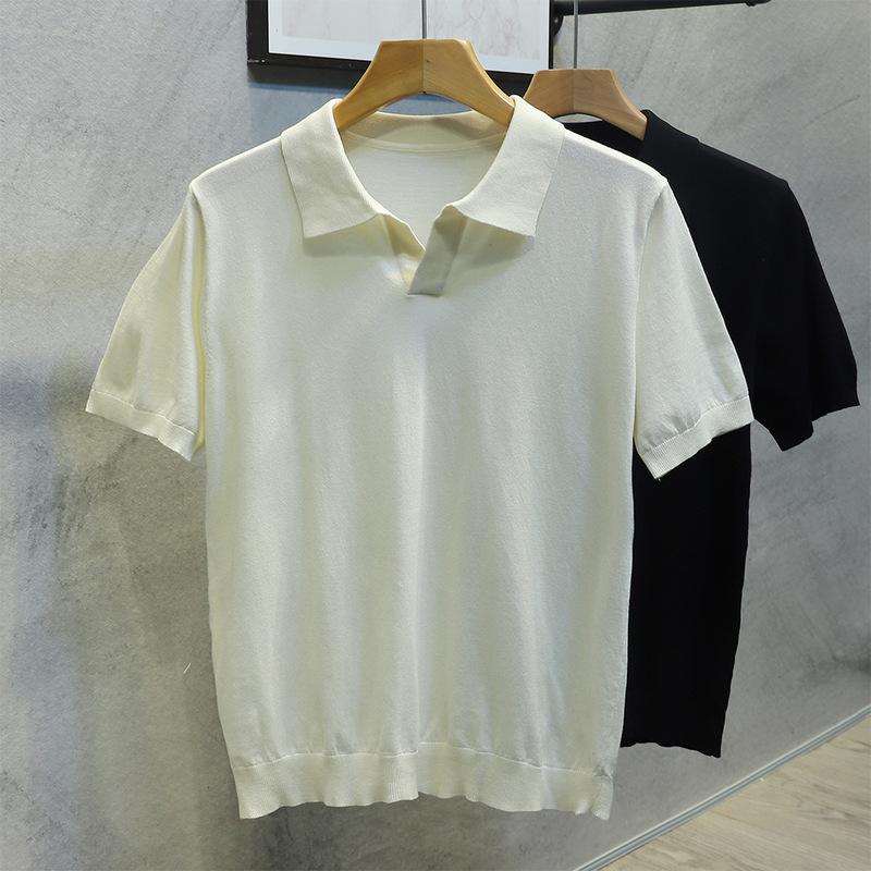Chaimi Polo Men's Polo Knitwear T-shirt Casual Solid Color Lar V-Neck Slim-Fit Short Sleeve American Style Retro Summer