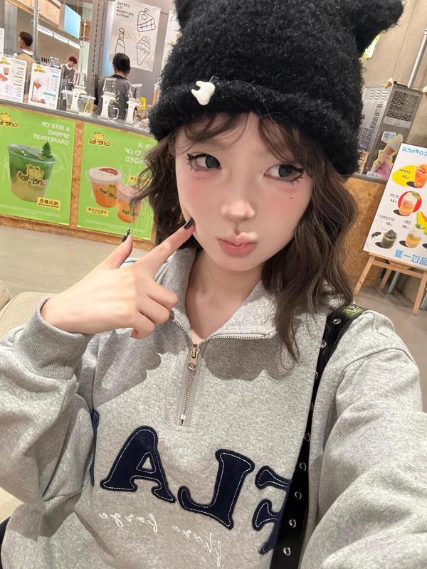 春秋季宽松上衣美式复古贴布绣设计半拉链立领套头卫衣女汽水网红|undefined