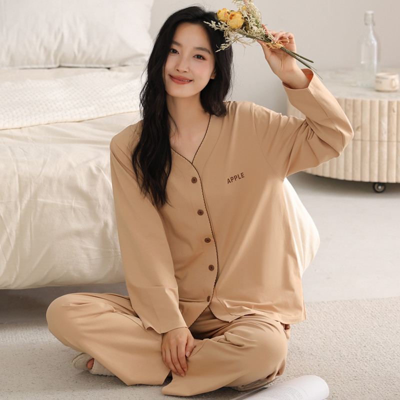 Wholesale Pajamas for Women in Spring and Autum Pure Cotton V Neck Long-Sleeved Cardigan Loose Large Size Can Be Worn Outside Casual Home Wear Set Wholesale Pajamas for Women in Spring and Autum Pure Cotton V Neck Long-Sleeved Cardigan Loose Large Size Can Be Worn Outside Casual Home Wear Set