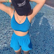 2024源头工厂韩国ins新品纯色毛巾面料吊带背心松紧腰短裤泳衣女