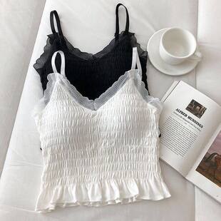 Lace top with cups, tank top, solid color elastic tie, french style, V-neckline, lifting effect