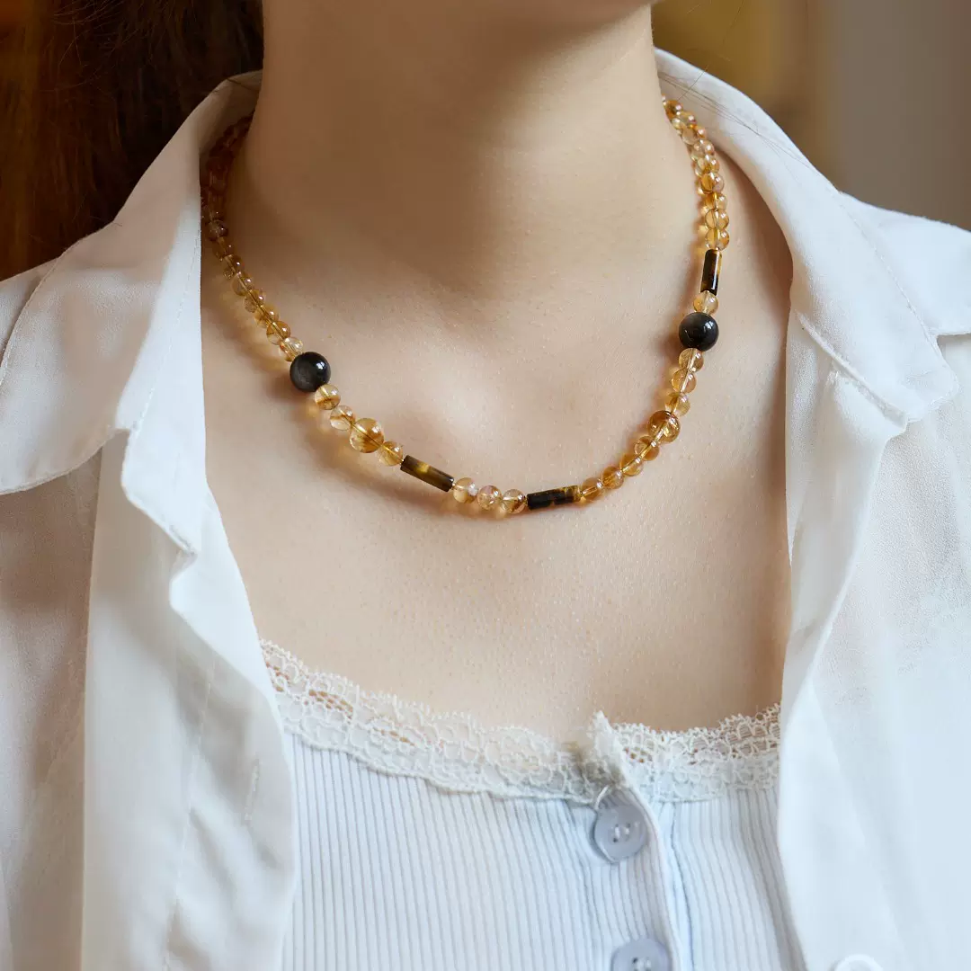 天然6MM黄水晶项链美拉德虎眼石金霸项链秋冬时尚百搭毛衣链批发