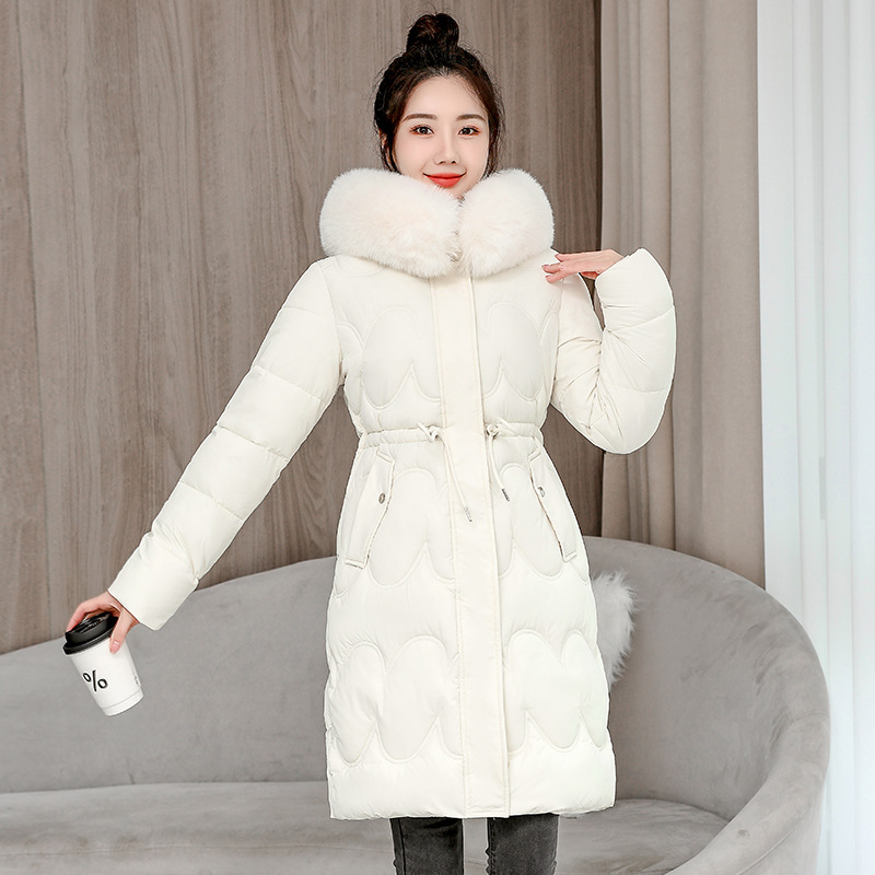 Invierno nuevo tipo de ropa de algodón gruesa media y larga mujer estilo coreano sobre la rodilla cintura delgada chaqueta de algodón de cuello caliente abrigo de pluma