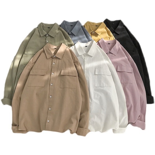 Men's Long-Sleeve Work Jacket, Versatile Casual Urban Style, Student-Friendly, Hip-Hop Trend Brand, Instagram-Inspired, Spring and Autumn Season, Hong Kong Style, Solid Color Shirt