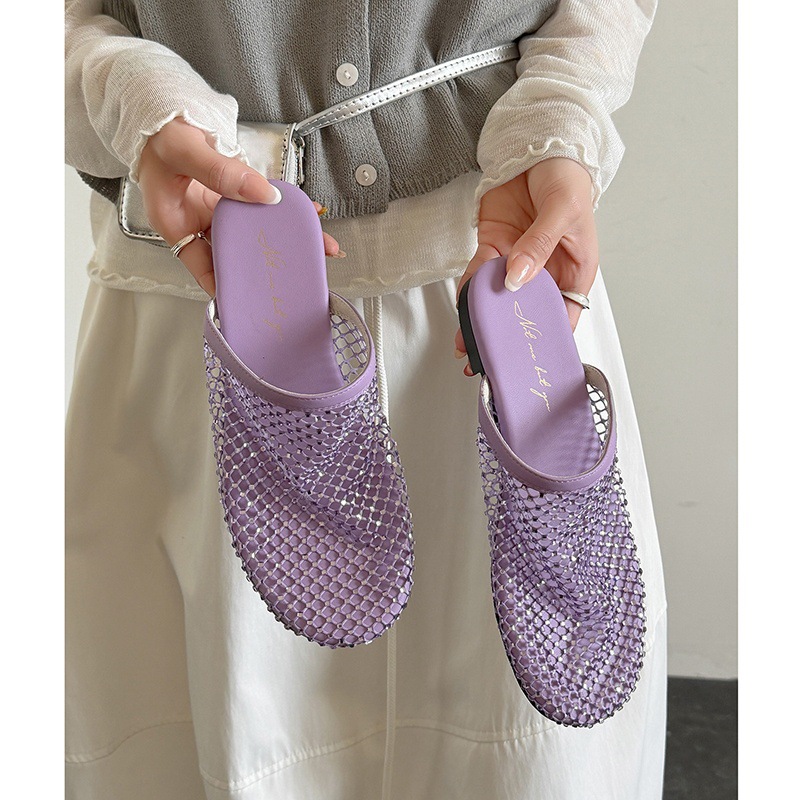 Mesh women's slippers with rhinestones flat