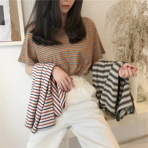 New striped short-sleeved T-shirt top for summer