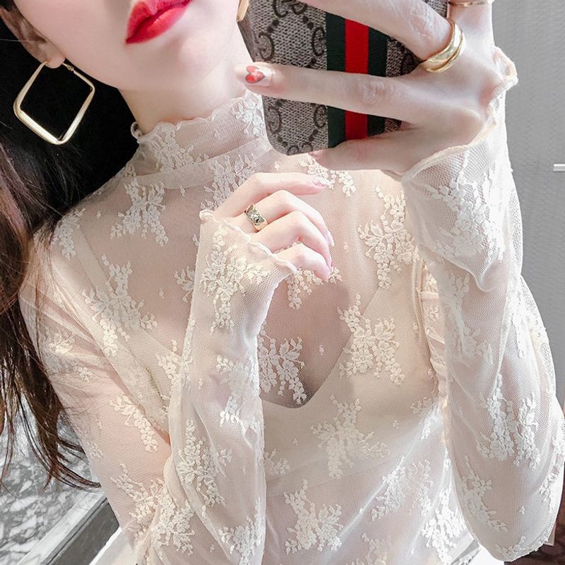 White half-high collar lace base shirt for women, summer thin style, with ruffled edges, plus size, sexy hollow mesh top White half-high collar lace base shirt for women, summer thin style, with ruffled edges, plus size, sexy hollow mesh top