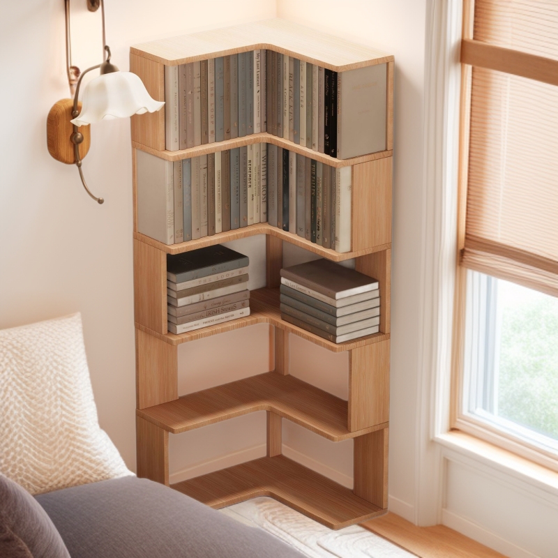 Solid Wood Wall Bookshelf Floor-Standing Storage Rack Multi-Layer Storage Home Bedroom Corner Corner Bookcase Living Room Corner Cabinet