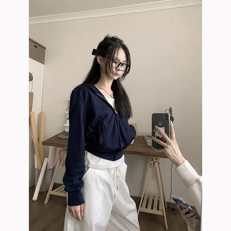 灰色修身连帽卫衣外套女2025春秋新款短款开春穿搭上衣收腰开衫|undefined