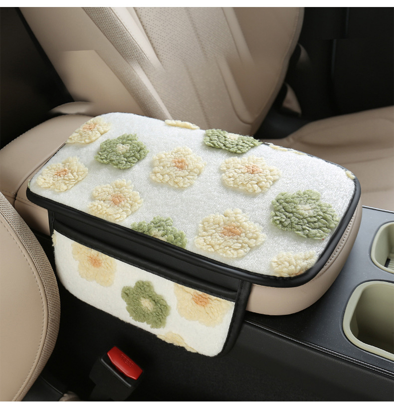 2025 Trendy Winter Lamb Wool Car Armrest Box Mat with Small Flowers in 6 Colors, Sweet Decorative Mat, Storage Bag, Protective Mat