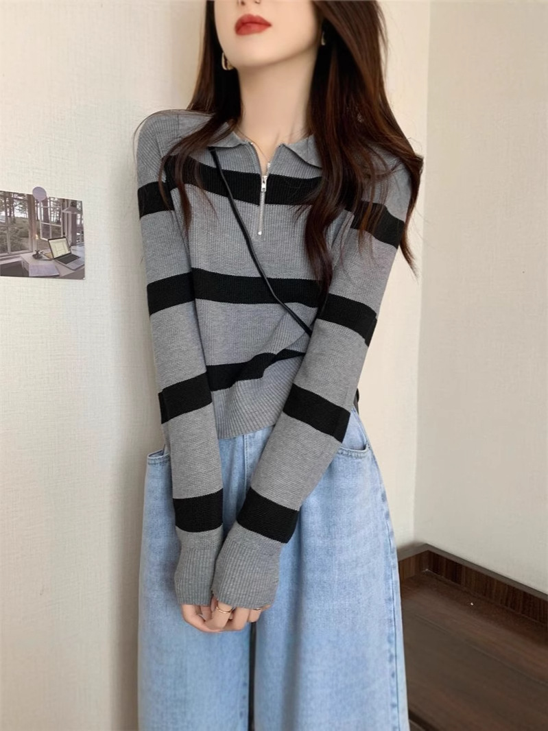 撞色条纹半拉链polo领针织衫女春秋冬宽松慵懒风外搭长袖毛衣外套