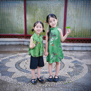 Yirun Children's Cheongsam Girls Chinese Style Summer Green Vest National Fashion Tang Suit Girls New Chinese Style Improved Hanfu