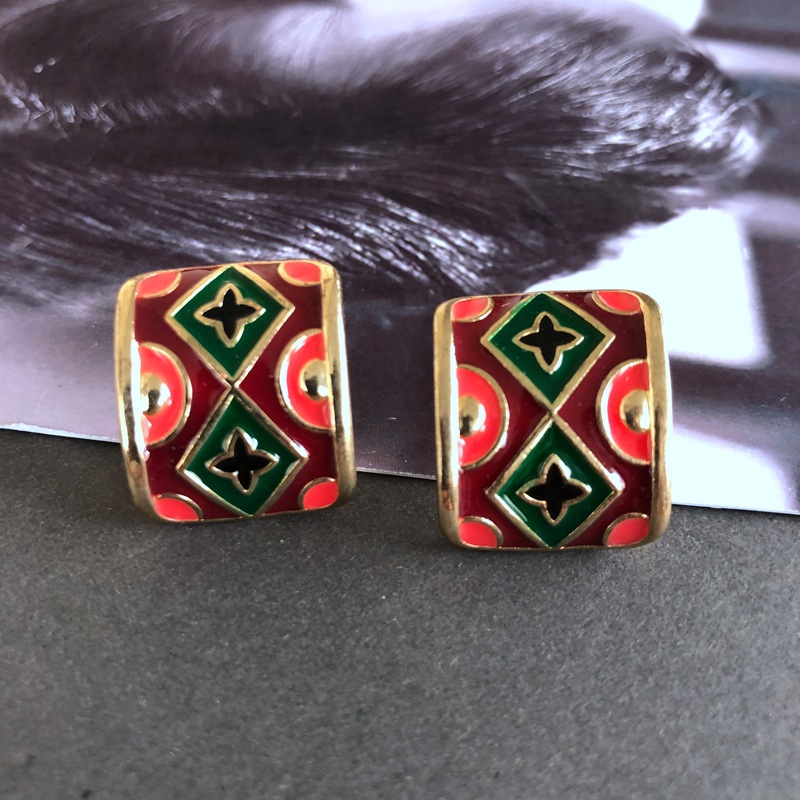 14g Weight No Inlaid Inlay Material Earrings, Ear Studs Classification Wedding, Travel Occasion Alloy Material Printing Pattern Women'S Gender Fashion Style Green, Silver Color Retro Red Oil Drip Glaze Enamel Heart Wave Dot Color Matching Geometric Earrings Wholesale Nihaojewelry 10