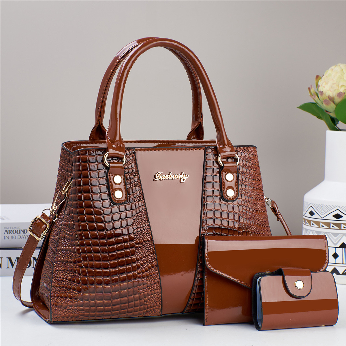 Classic Style Style Bucket Shape Women's Pu Leather Splicing Crocodile Classic Style Bucket Zipper Bag Sets