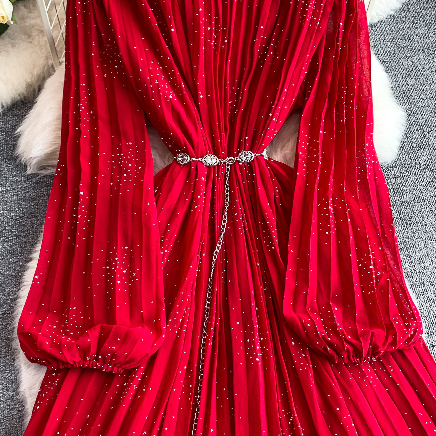 Women's French Style Light Luxury Sparkly Rhinestone round Neck Long Sleeve Dress Summer Slimming Pleated Long Skirt_ecoleips.com