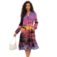 国际站女士 V领宽松收腰裙子简约百搭沙滩风印花女士连衣裙一件起