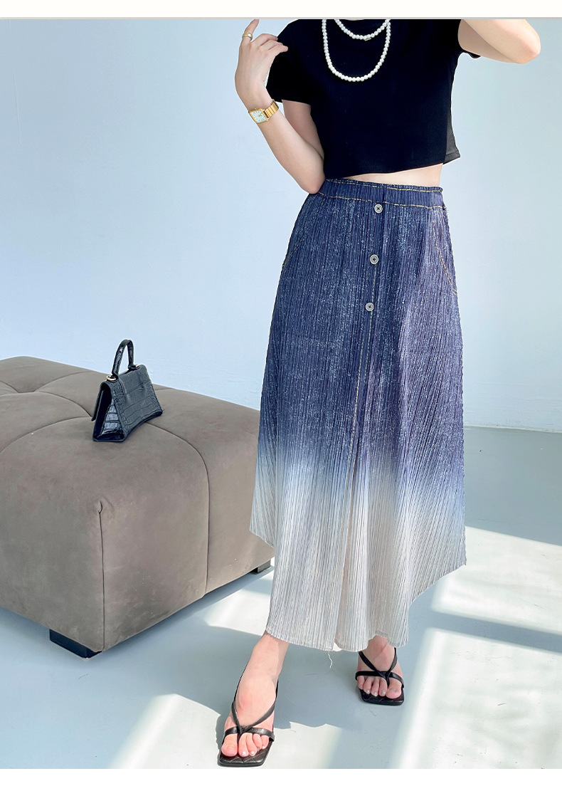 Chân váy xếp ly nữ cạp cao denim phối màu thời trang hè — Màu xanh lam chi tiết 8