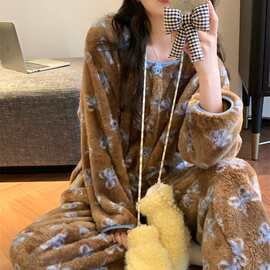 韩系ins暖棕蝴蝶结甜美毛绒保暖家居服冬季新款少女舒适睡衣套装