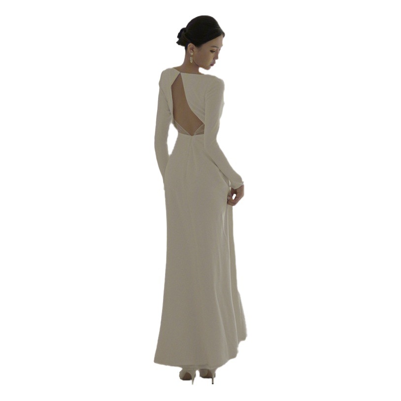 Vestido de Novia Ligero Estilo Hepburn, Estilo Francés Simple, Otoño 2025, Nuevo, Espalda Descubierta, Manga Larga, Cubre Brazos, Satén Blanco image 1