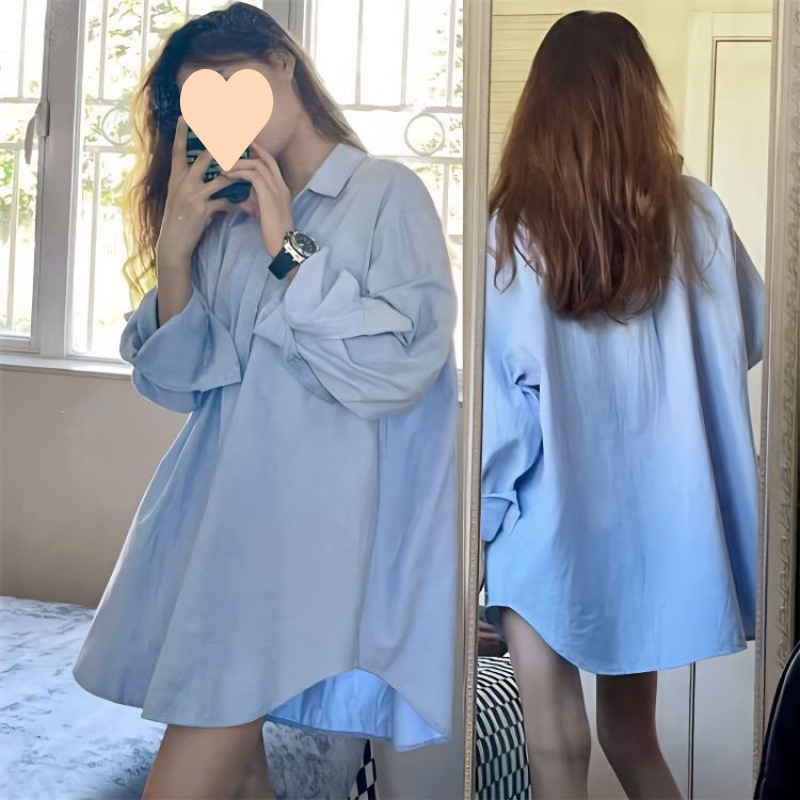 블루 플러스 사이즈 긴 셔츠 여성용 외부 착용 봄과 가을 긴 소매 셔츠 여성용 느슨한 코트 디자인 센스 탑