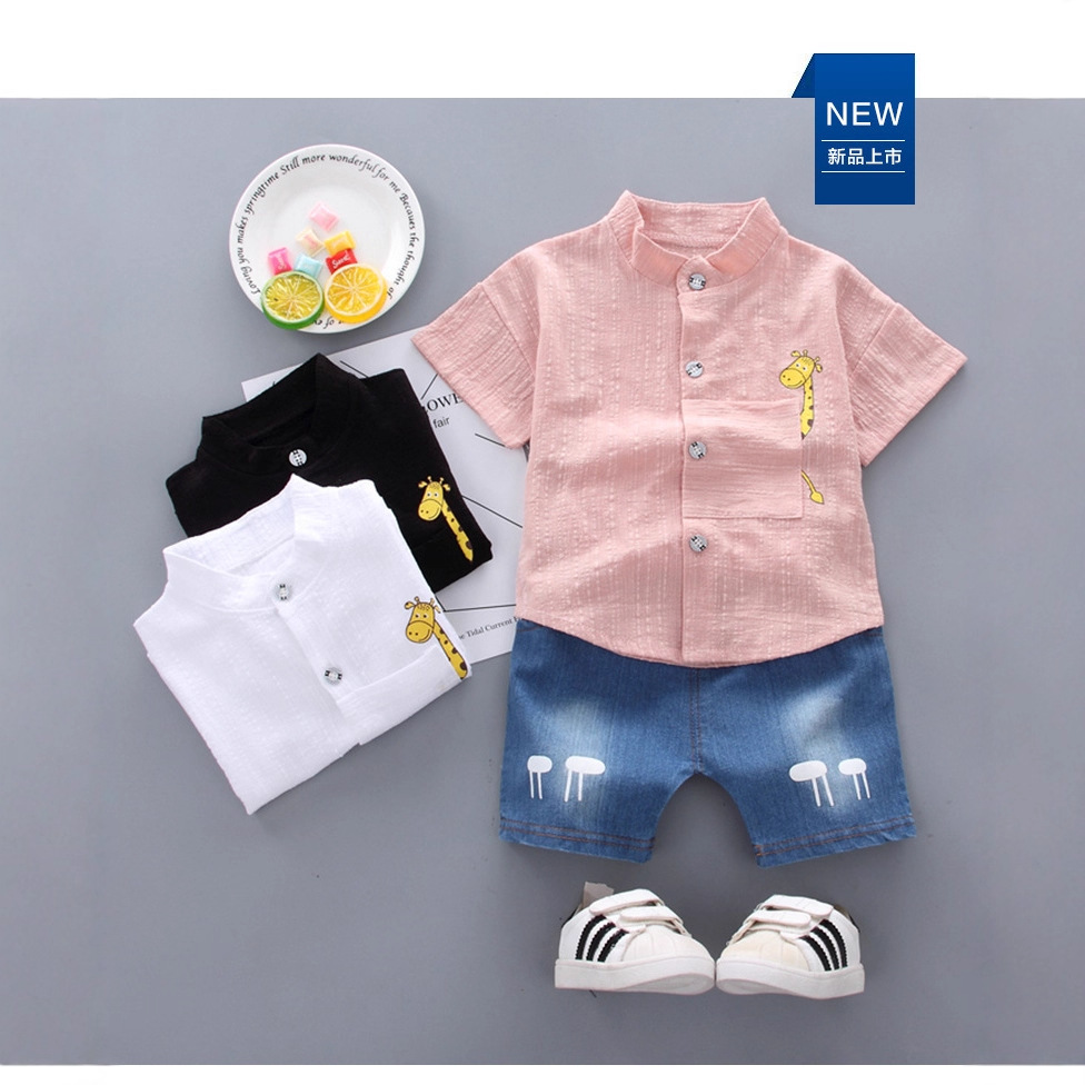 Foreign Trade Korean Style Children's Clothing Summer New Style Small and Medium-Sized Boys Cross-Border New Cartoon Shirt Jeans Suit 2 Pieces