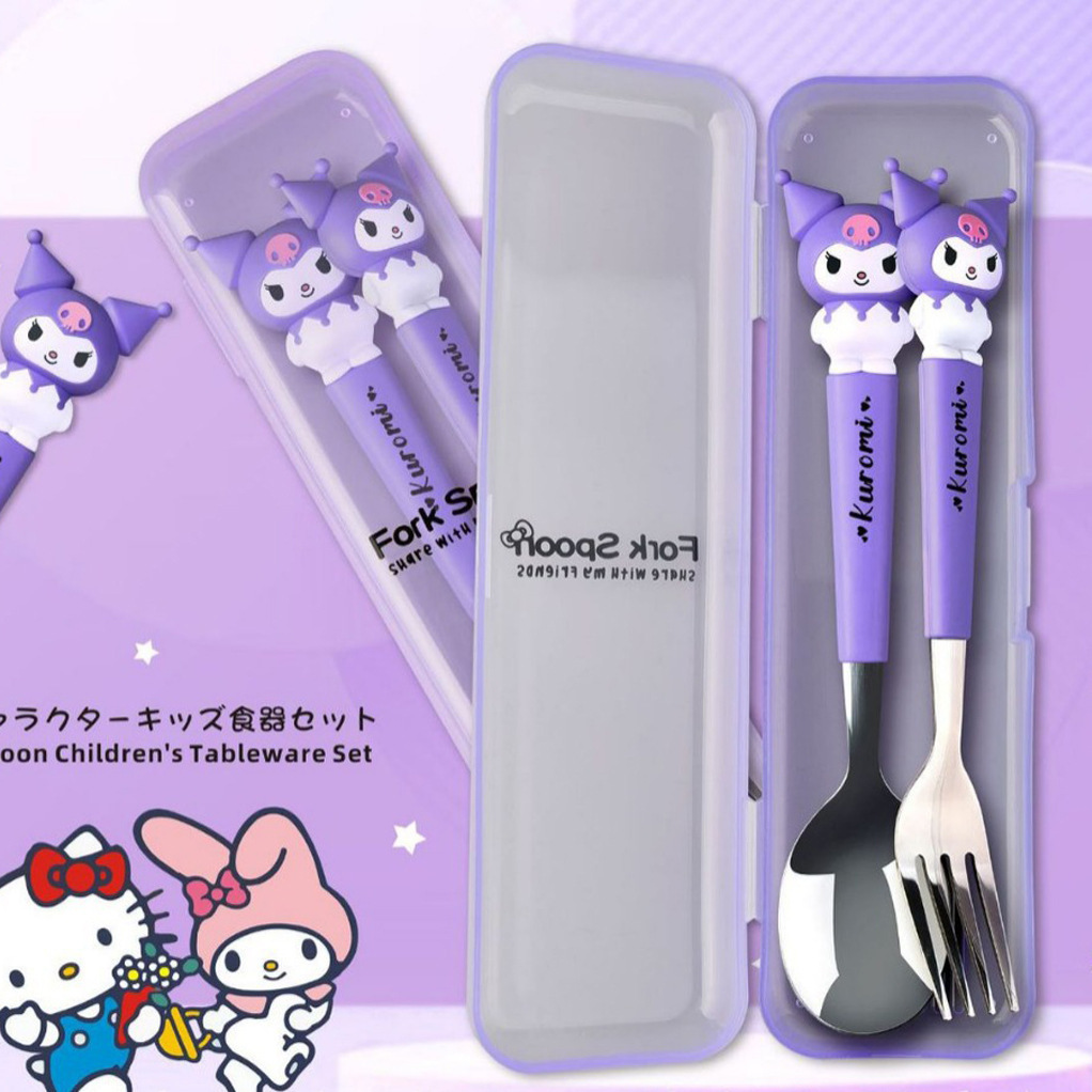 1 Sanrio Big Ear Dog Melody 410 acero inoxidable niños encantadores dibujos animados cubiertos portátiles palillos set cuchara