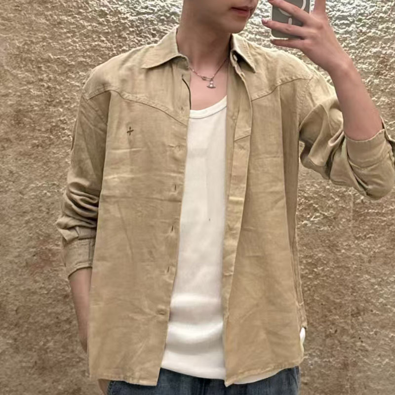 Smfk Cross-Pattern Shirt, Linen Breathable Design, Celebrity-Inspired Casual Loose Solid Color Versatile Shirt