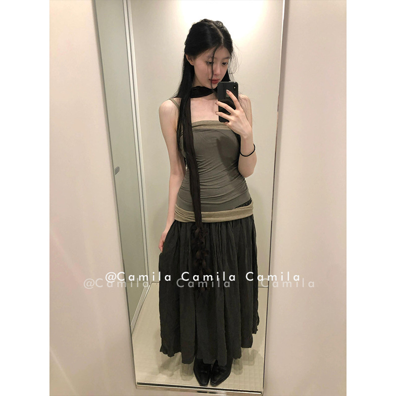 ニッチデザインパッチワークプリーツホットガールチューブトップドレス女性のための 2024 夏 A ラインロングプリーツスカート|undefined