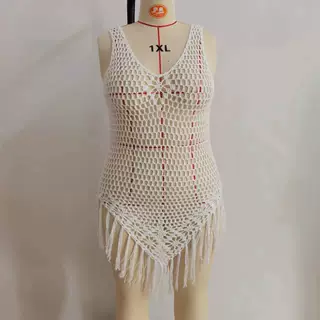 手钩手工拼接沙滩连衣裙 宽松大码女装度假防晒服 纯色比基尼罩衫