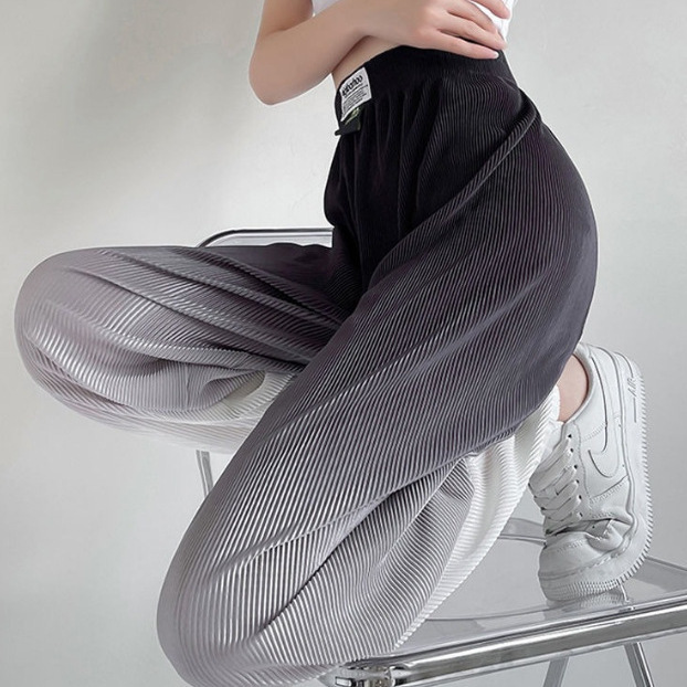 Cross-Border Ice Silk Pleated Gradient Color Lantern Pants for Women, Summer Design High-Waisted Jogger Pants with Drape Effect, Long Pants for Women