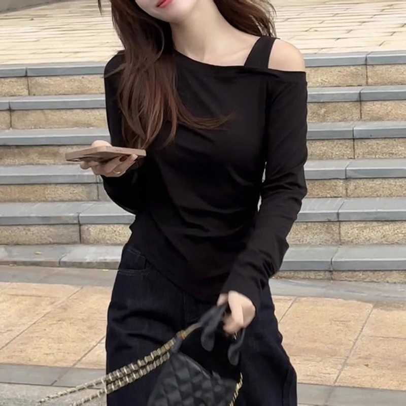 大码条纹斜领露肩长袖T恤女2025秋季新款胖mm修身显瘦不规则上衣|undefined