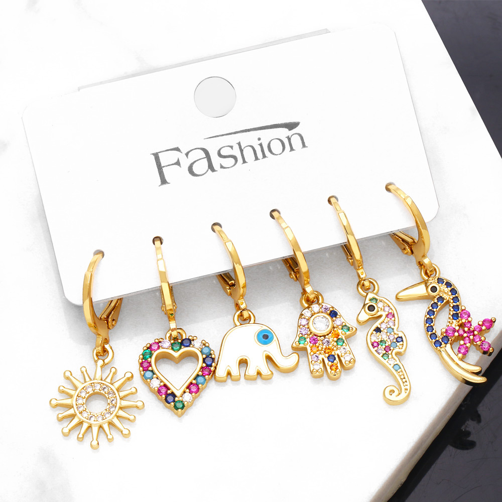 Fashion Heart Shape Elephant Copper Drop Earrings Inlay Zircon Copper Earrings 6 Pieces