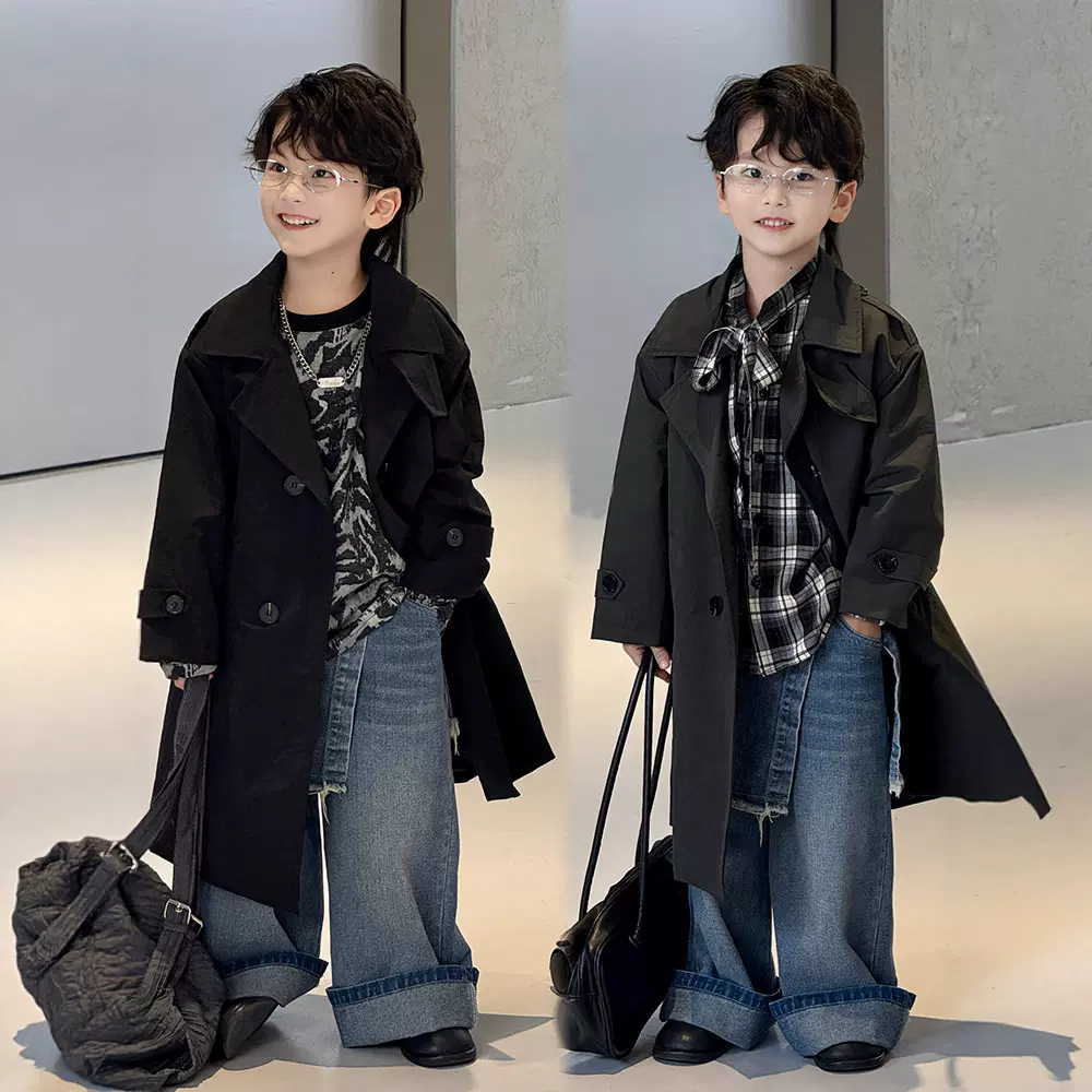 男童风衣套装2025秋季新款儿童宽松时尚复古中长款外套一件代发潮