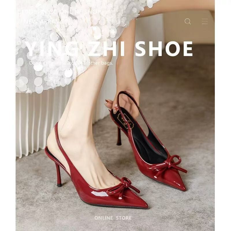 Red High Heels Women's Stiletto Heels 2025 New Patent Leather Pointed Toe Beautiful Sexy Royal Sister Shallow Mouth Flats Toe Sandals