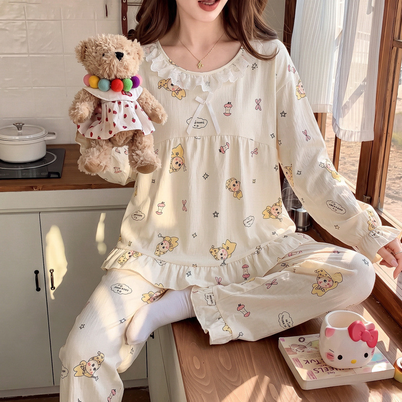 Woven cloud cotton pajamas for women, new spring and autumn long-sleeve princess-style sweet home wear set