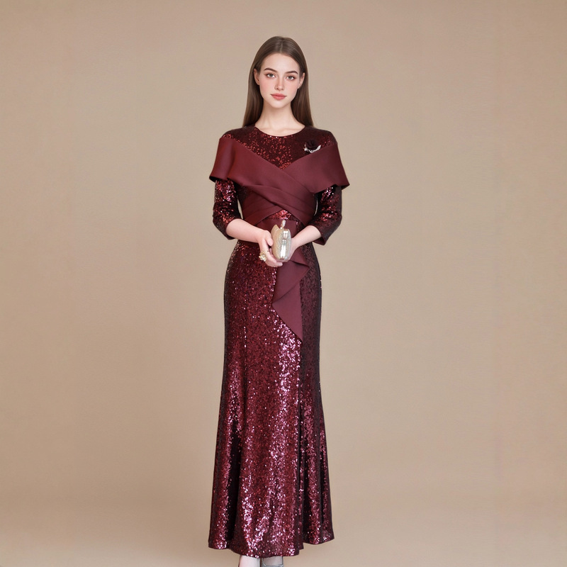 Daiweier Autumn and Winter Dress for Mother-In-Law Wedding Banquet Dress with Three-Quarter Sleeves, Fashionable High-End Elegant Dress with Sequins Daiweier Autumn and Winter Dress for Mother-In-Law Wedding Banquet Dress with Three-Quarter Sleeves, Fashionable High-End Elegant Dress with Sequins