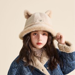 2025儿童渔夫帽子秋冬季宝宝保暖帽护耳帽毛绒帽男童女童可爱盆帽