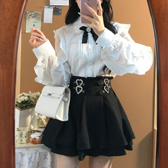 日系千金感套装女2025春秋新款荷叶边衬衫a字收腰蛋糕短裙两件套
