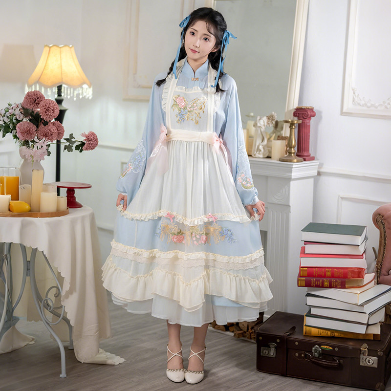 2026 Hanfu Floral Butterfly Han-Yang Eclectic Set with Stand Collar Long Gown and Overlay Skirt, Modified Han Elements, Han-Yang Eclectic Style 2026 Hanfu Floral Butterfly Han-Yang Eclectic Set with Stand Collar Long Gown and Overlay Skirt, Modified Han Elements, Han-Yang Eclectic Style