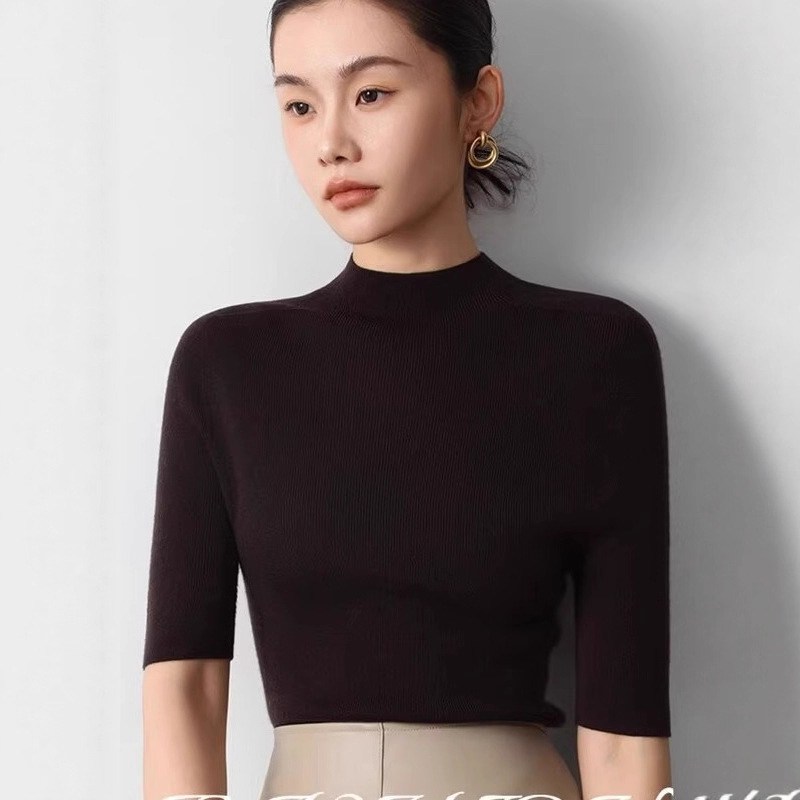 Zhizhi Dongxianci All-Wool Half-High Collar Short-Sleeved Seamless Bottoming 2025 Early Autumn New T-Shirt