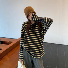 阿一 奶盐奥利奥慵懒风打底衫女秋季磨毛宽松黑白条纹长袖T恤上衣