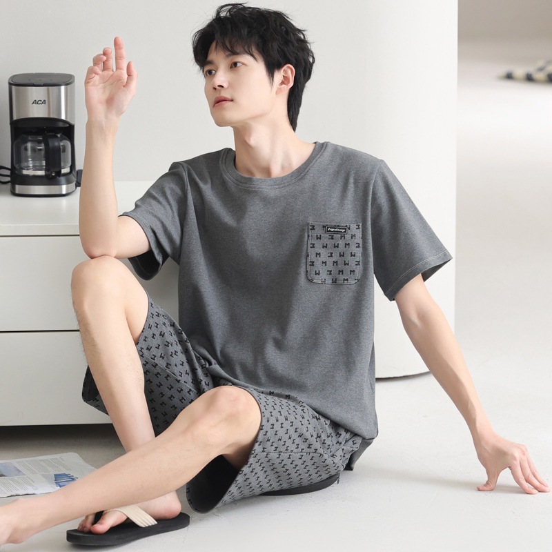 Summer Pajamas Men's Pure Cotton Short-Sleeved Shorts Suit Thin Round Neck Pullover Simple Casual Youth Home Wear